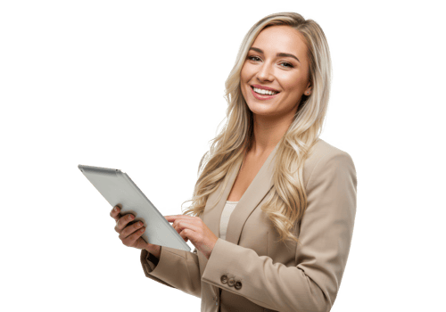 A smiling woman with long blonde hair, wearing a beige blazer and holding a tablet isolated on transparent background png