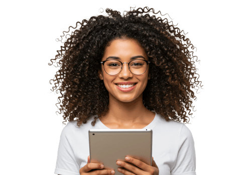 A young woman with curly hair, wearing glasses and a white shirt, holding a tablet and smiling warmly isolated on transparent background png