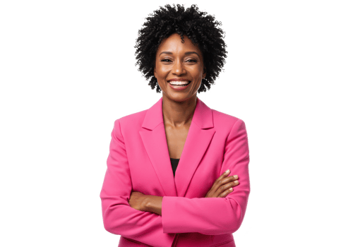 A cheerful woman wearing a pink blazer with arms crossed smiling confidently isolated on transparent background png