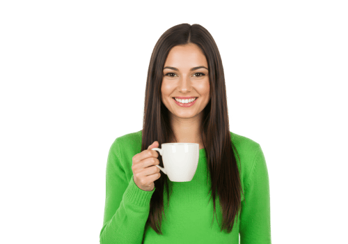 A cheerful woman with long dark hair wearing a green sweater holding a coffee cup isolated on transparent background png