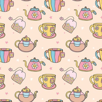 Cute Groovy Retro Tea cup and pot Seamless Pattern Isolated on Background vector