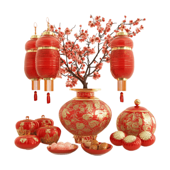 Chinese New Year Decorations with Red Lanterns and Flowers png