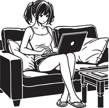 A Young Woman Use Laptop Illustration. vector