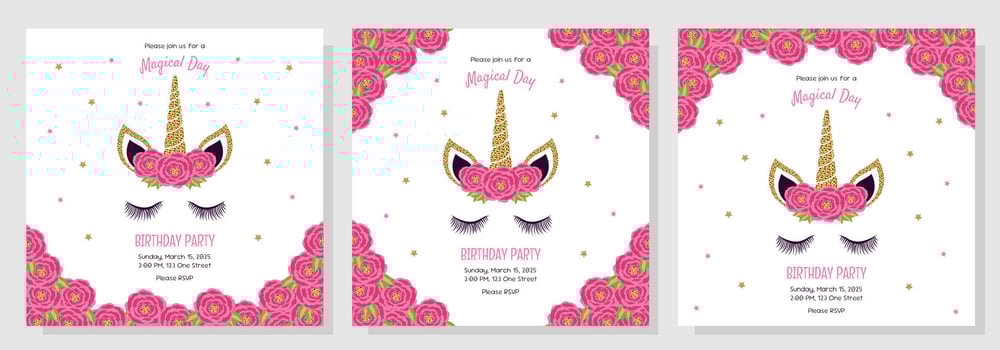 Unicorn set of birthday party invitations, greeting cards. Invitations with unicorn elements and roses. vector