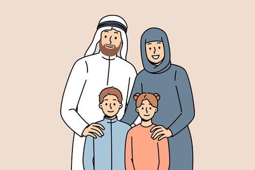 Arab family of man in white sheikh robe and woman in hijab standing with two teenage children vector
