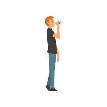 Young Man Drinking Fresh Clean Water from Plastic Bottle Illustration vector