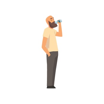 Bald Bearded Man Drinking Fresh Clean Water from Plastic Bottle Illustration vector