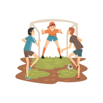 Boys Playing Soccer on Sport Field, Summer Outdoor Activities Illustration vector