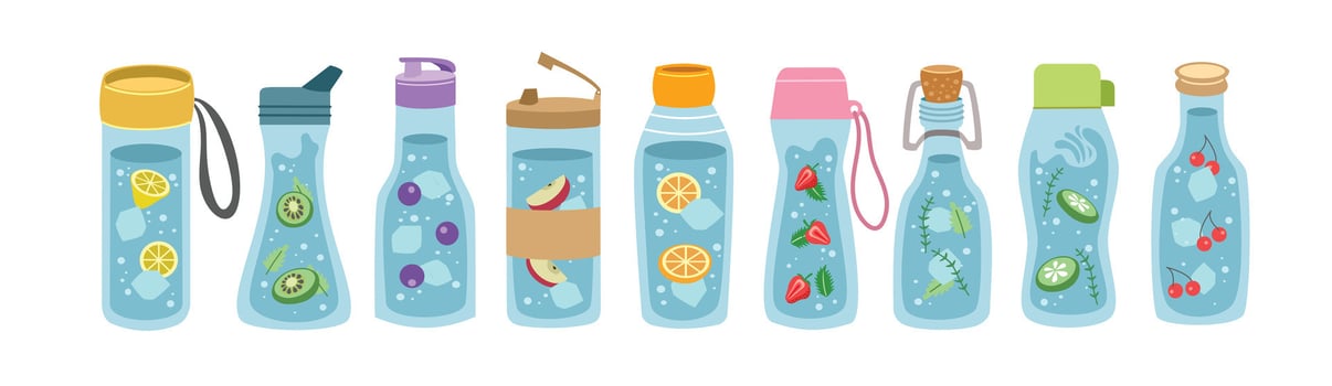 Set of detox water. Collection of infused water. Bottle in different shape. Flavored water. Fresh water. Summer ice drink. Lime. Kiwi. Cucumber. Blueberry. Apple. Orange. Strawberry. Mint. Cherry. vector