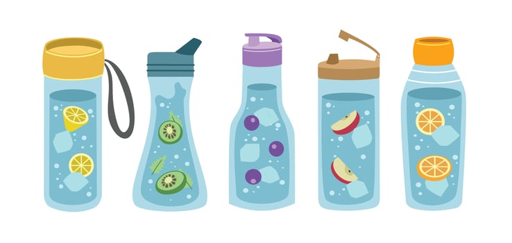 Set of bottle in different shape. Collection of drink with different flavor. Fresh ice water. Detox drink. Healthy drinks. vector