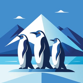 Icon of Penguins Standing on Ice with Snowflakes in the Background vector