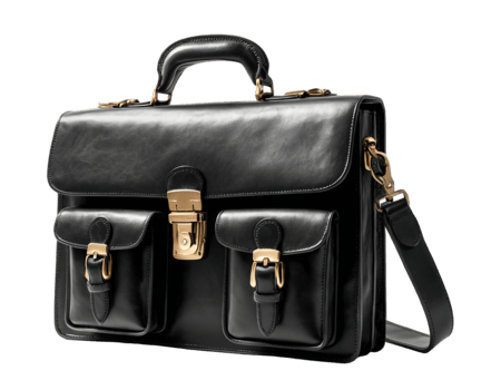 Elegant Premium Black Leather Briefcase Isolated on Transparent Background. png