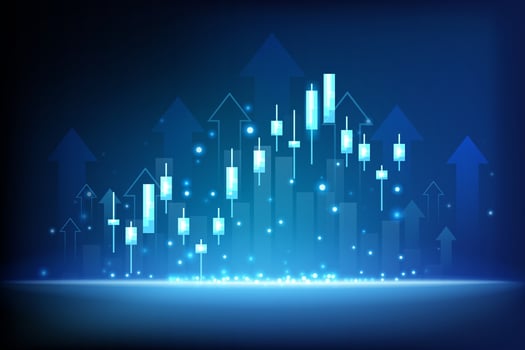 business financial stock market candlestick chart with arrow upside digital technology blue background vector