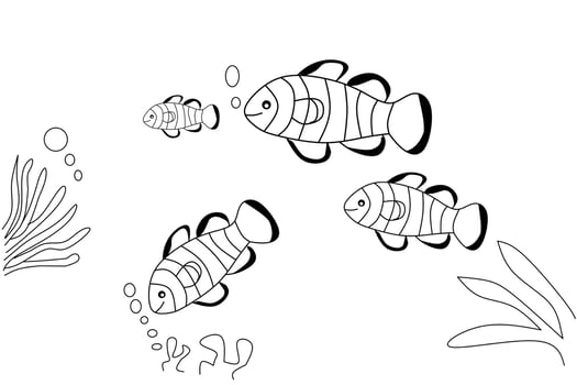 Line art illustration of four clownfish swimming underwater with sea plants and bubbles. Minimalist marine-themed drawing perfect for ocean or aquatic designs. vector