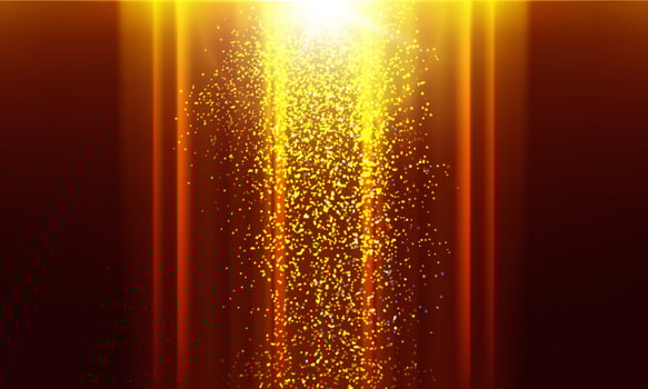 Stage light and golden glitter lights effect with gold rays, beams and falling glittering dust on floor. glowing lights. vector