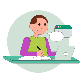 A man sitting at a desk with a laptop and speech bubbles png