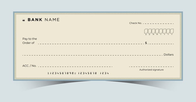 blank bank cheque template with blue and beige design, empty check ready for customization, isolated on white background, financial document concept vector