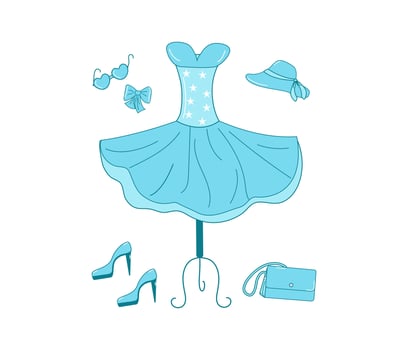 Set fashion festive. Collection. Ball gown on a hanger, mannequin, shoes, bag, hat, sunglasses. Set of doll accessories and clothes for festive party, illustration, isolated background. vector