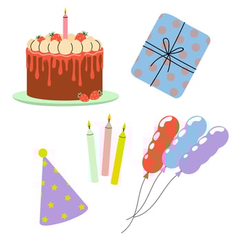 Colorful birthday celebration elements with cake, candles, balloons, and gift vector