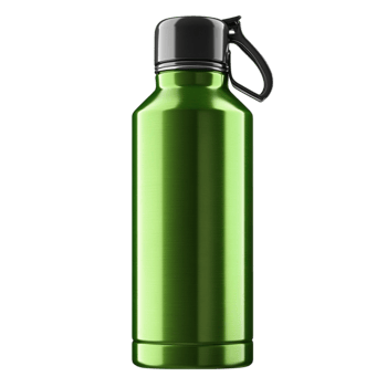 A green stainless steel water bottle with a black handle png