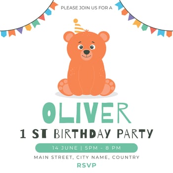 Greeting and invitation card for kids 1st Birthday party. Cute baby bear in flat childrens style. illustration, design for card, poster, event vector