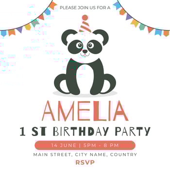 Greeting and invitation for first Birthday party. Cute baby animal panda in flat childrens style. illustration, design for card, poster, event vector