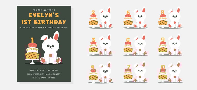 Greeting and invitation for kids Birthday party. Cute bunny and set cake with number and rabbit in flat childrens style. illustration collection, design for card, poster, event, prints vector