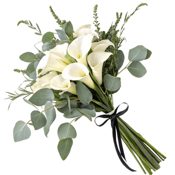 White calla lilies mixed with green foliage tied with a black ribbon, symbolizing elegance png
