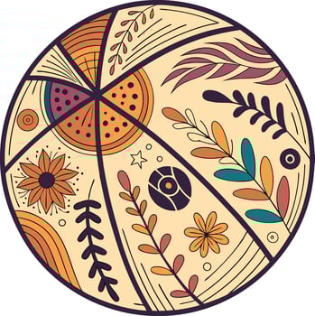 A circular composition of diverse patterns and shapes, including stylized floral elements vector