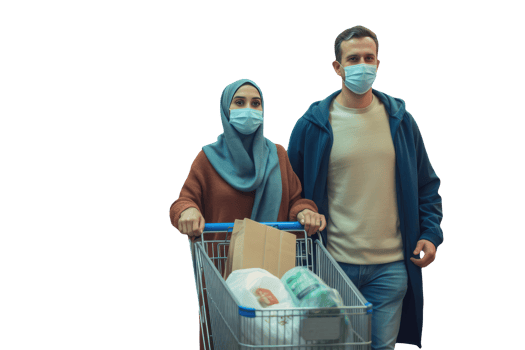 A Arab Woman and Man Holding Shopping Cart, Both Wearing Face Masks. Created Character By . png