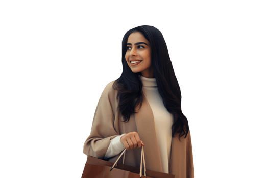 Side View of Cheerful Stylish Lady Holding Shopping Bag in Modern Cloth. Created Character By . png