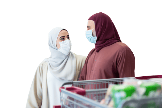 A Arab Woman and Man Holding Shopping Cart, Both Wearing Face Masks. Created Character By . png