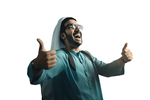 Happy Portrait of Arab Man and Giving Thumb Up in Green Traditional Attire. Created Character By . png