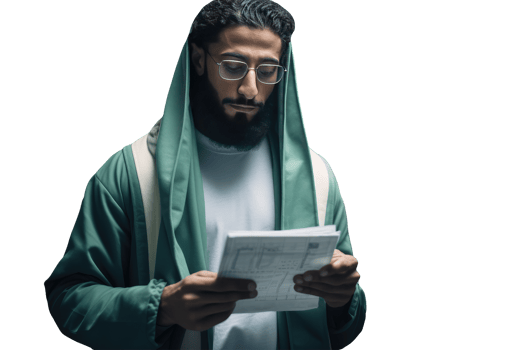 Portrait of Arab Man Reading Paper in Green Robe. Created Character By . png