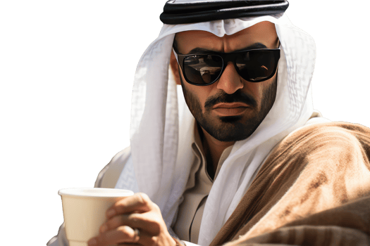 Smart Portrait of Arab Man Wearing Goggles and Posing with a Cup of Tea or Coffee. Created Character By . png