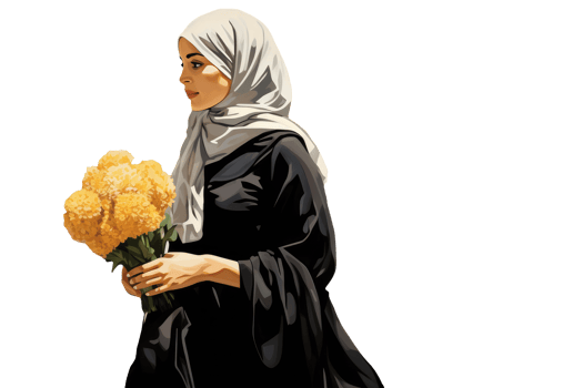 Beautiful Smiling Muslim Woman in a Black Veil Poses and Holding Flowers. Created Character By . png