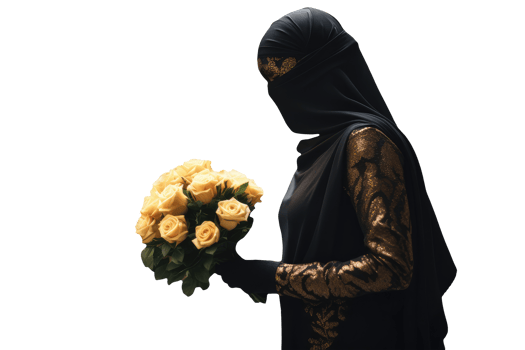 Beautiful Smiling Muslim Woman in a Black Veil Poses and Holding Flowers. Created Character By . png