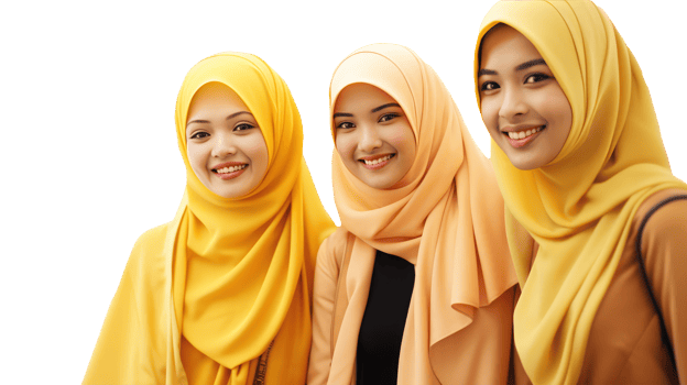 Smilling Three Muslim Women, All Wearing Matching Yellow Hijabs and Standing Together. Created Character By . png
