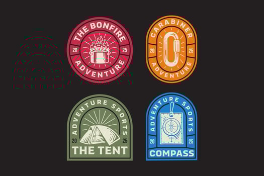 campfire barrel, camping tent, ruler compass, carabiner oval shape, bonfire, navigation retro badge logo design collection set for adventure, explorer, mountaineer, hiker and climber vector