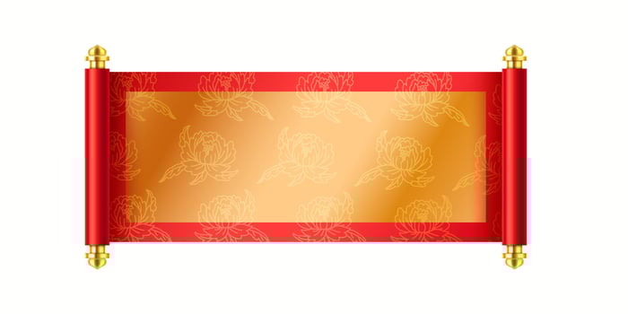 Old Asian scroll with golden frame and flowers realistic illustration. Red Chinese manuscript for royal announcement 3d object on white vector