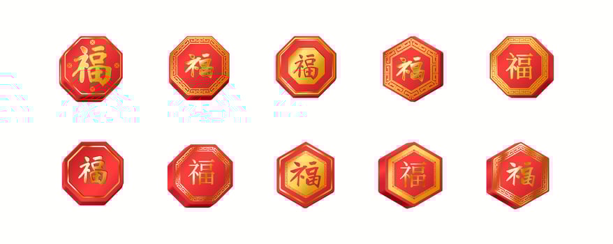 Traditional red Chinese pendants with Happiness hieroglyph realistic color icons set. Ancient Asian culture 3d objects bundle on white. inscription on the badge is Luck vector