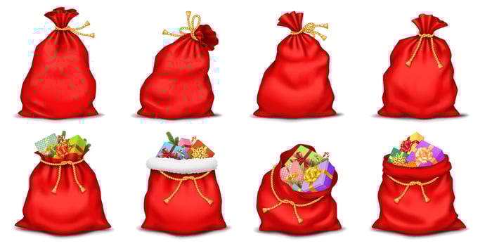 Red Santa Claus bags full of Christmas gifts realistic color icons set. New Year holiday magic atmosphere 3d objects bundle on white vector