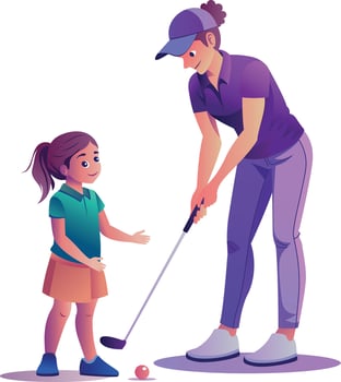 Golf mentor guiding kid, flat style illustration vector