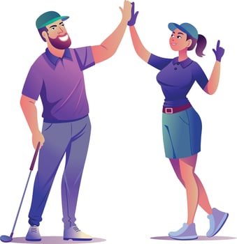 Golf team giving high five, flat illustration vector