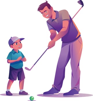 Kid learning golf from father, flat illustration vector