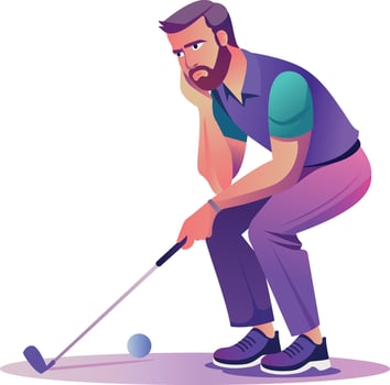 Sad golfer thinking about golf shot, flat illustration vector