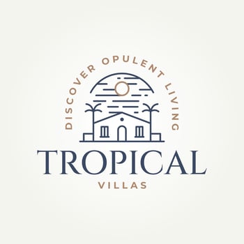 minimalist tropical villa house line art icon logo illustration design. simple modern rental vacation house logo concept vector