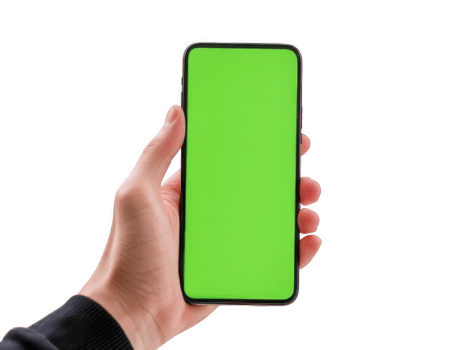 Man hand holding smartphone with green screen png