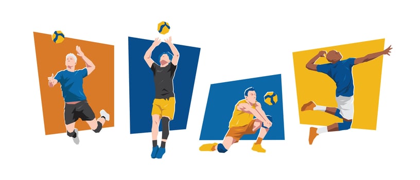 Set of male volleyball players. Volleyball athlete. Isolated on white background. Flat graphic illustration. vector
