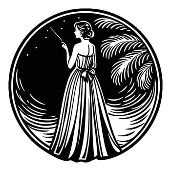A silhouette of a woman in a long, flowing gown, holding a cigarette holder, with a classic 1940s hairstyle vector